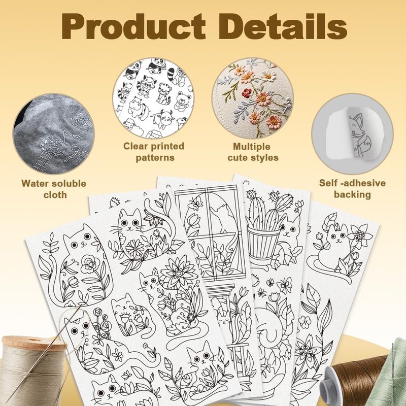 DOODLREAM 20Pcs Cat Playing in Flowers Embroidery Pattern Stabilizer, 8.3"x11.7"Cartoon Kitten Water Soluble Stick and Stitch Embroidery Sticker, 4 Sheets Hand Sewing DIY Embroidery Paper - Image 3